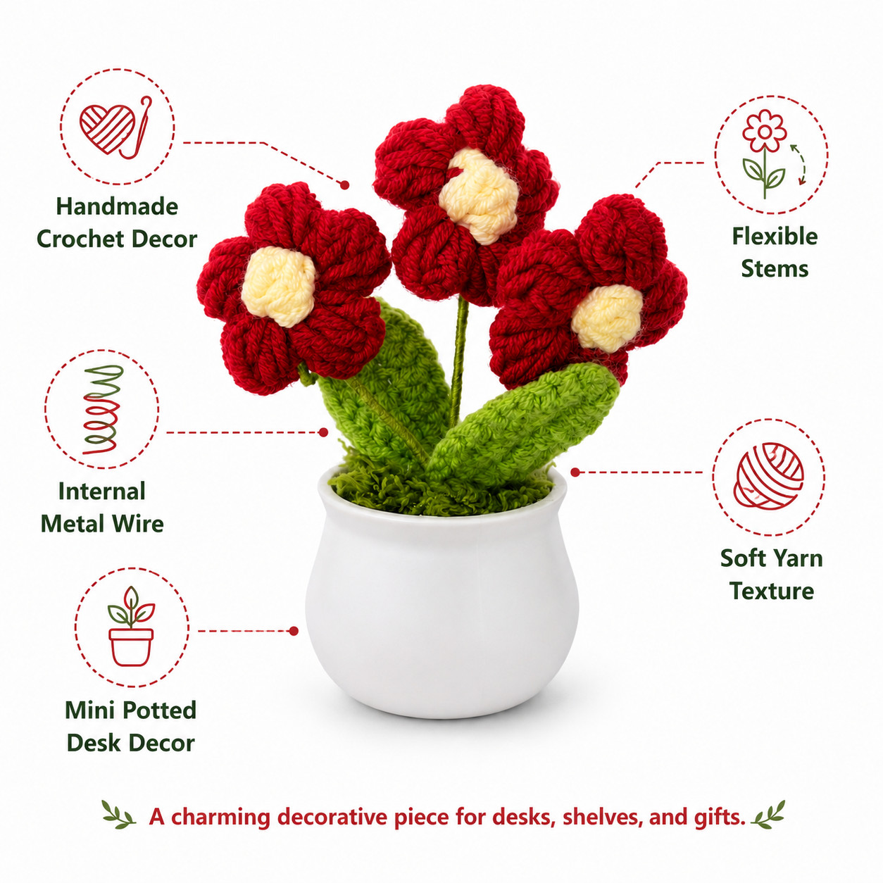 Red Crochet Flower Mini Potted Desk Shelf Decor Flexible Stems