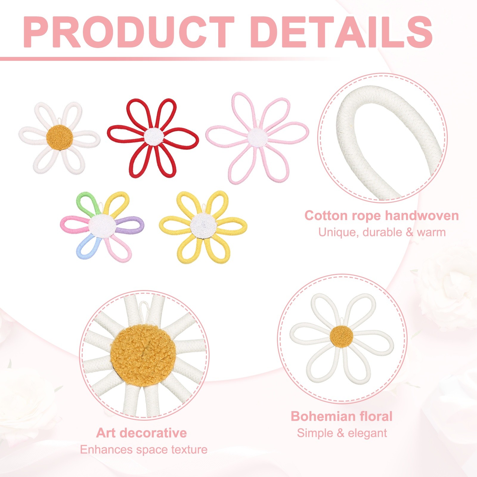 3Pcs Daisies Floral Wall Decor 10″ Flower Art Decor Woven Macrame Beige,