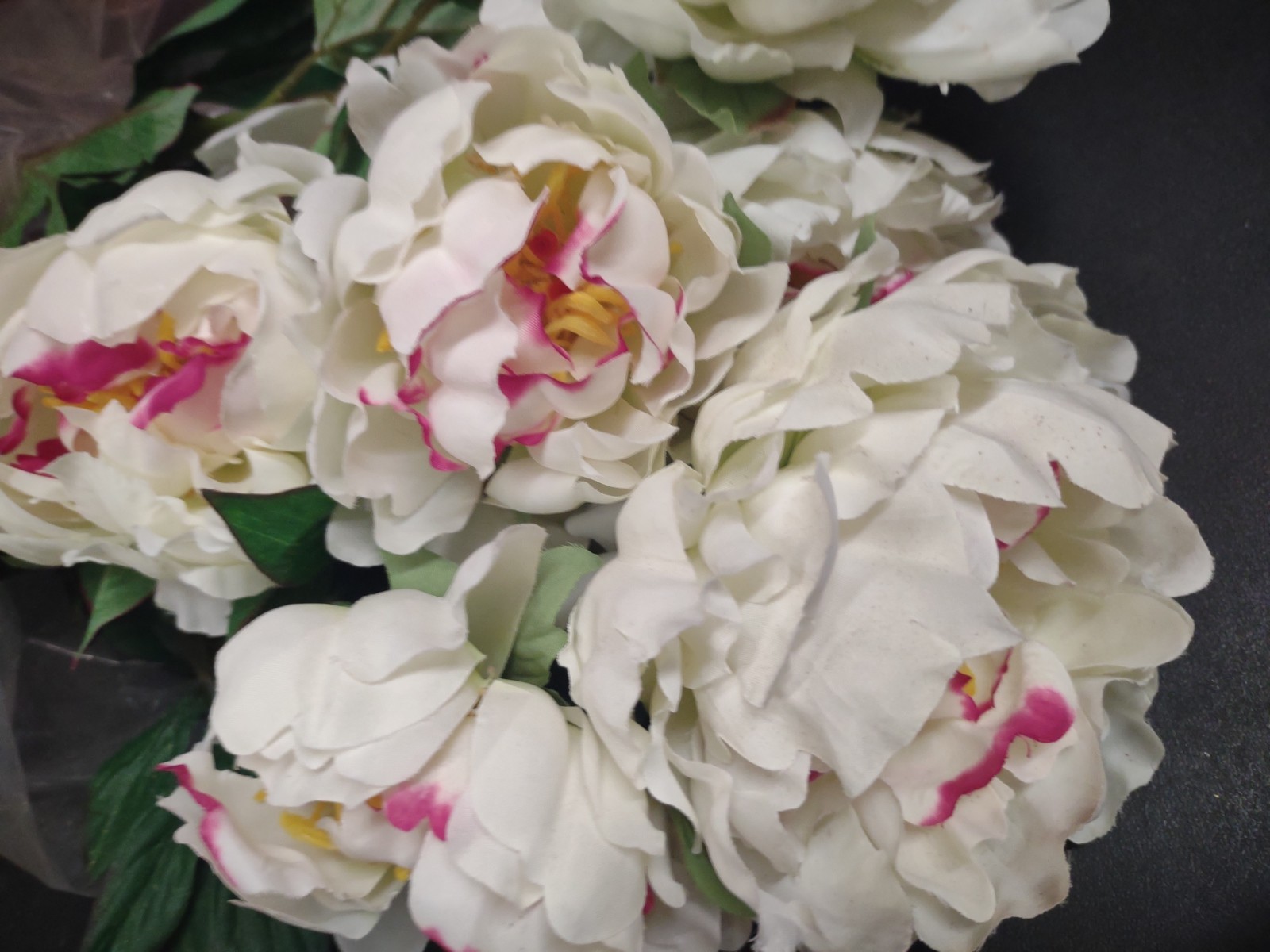 Realistic Silk Peony Bush 21″, Festiva Maxima Peonies, 7 Blooms White Variegated