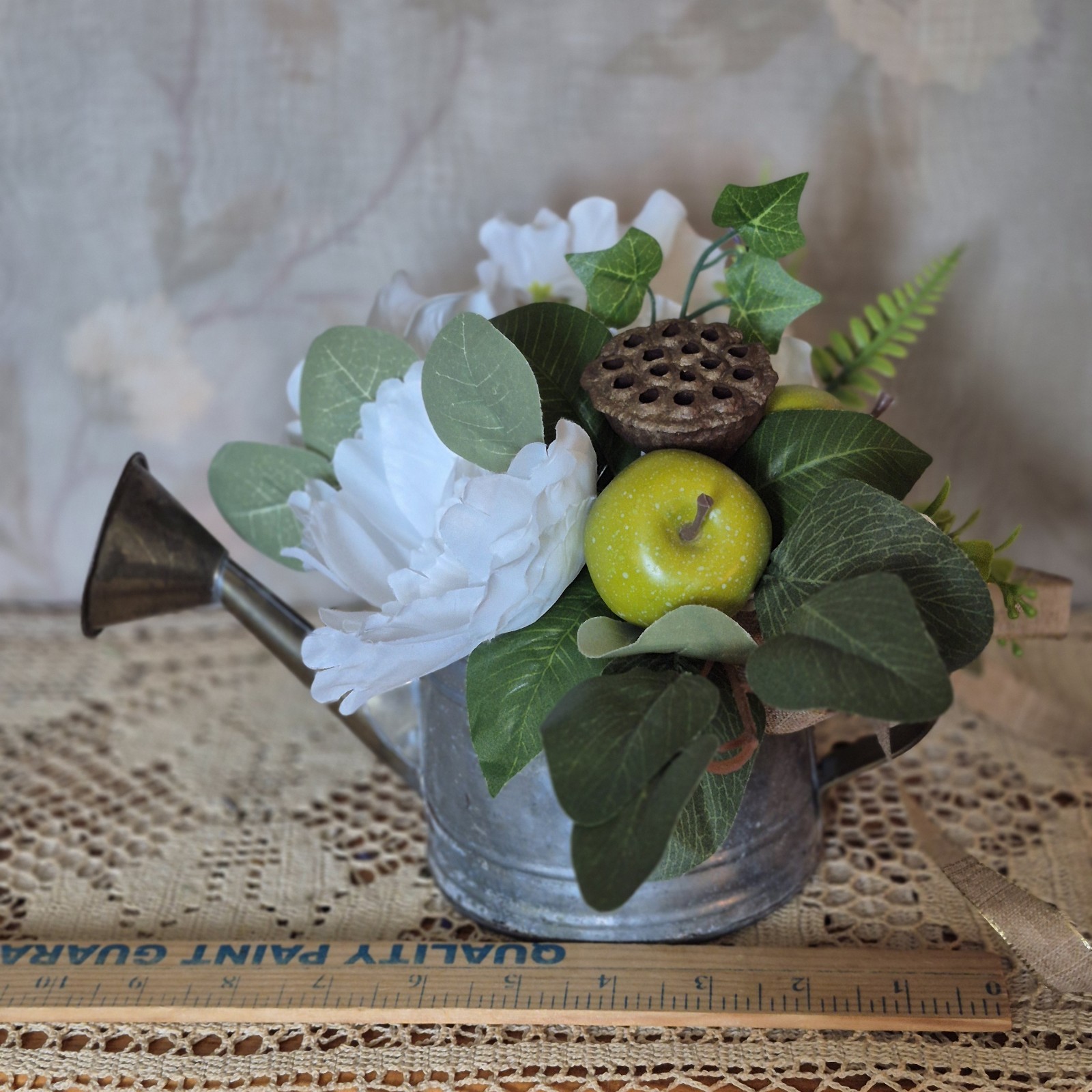 Floral Centerpiece, Vintage Metal Watering Can Cottagecore Faux Flowers