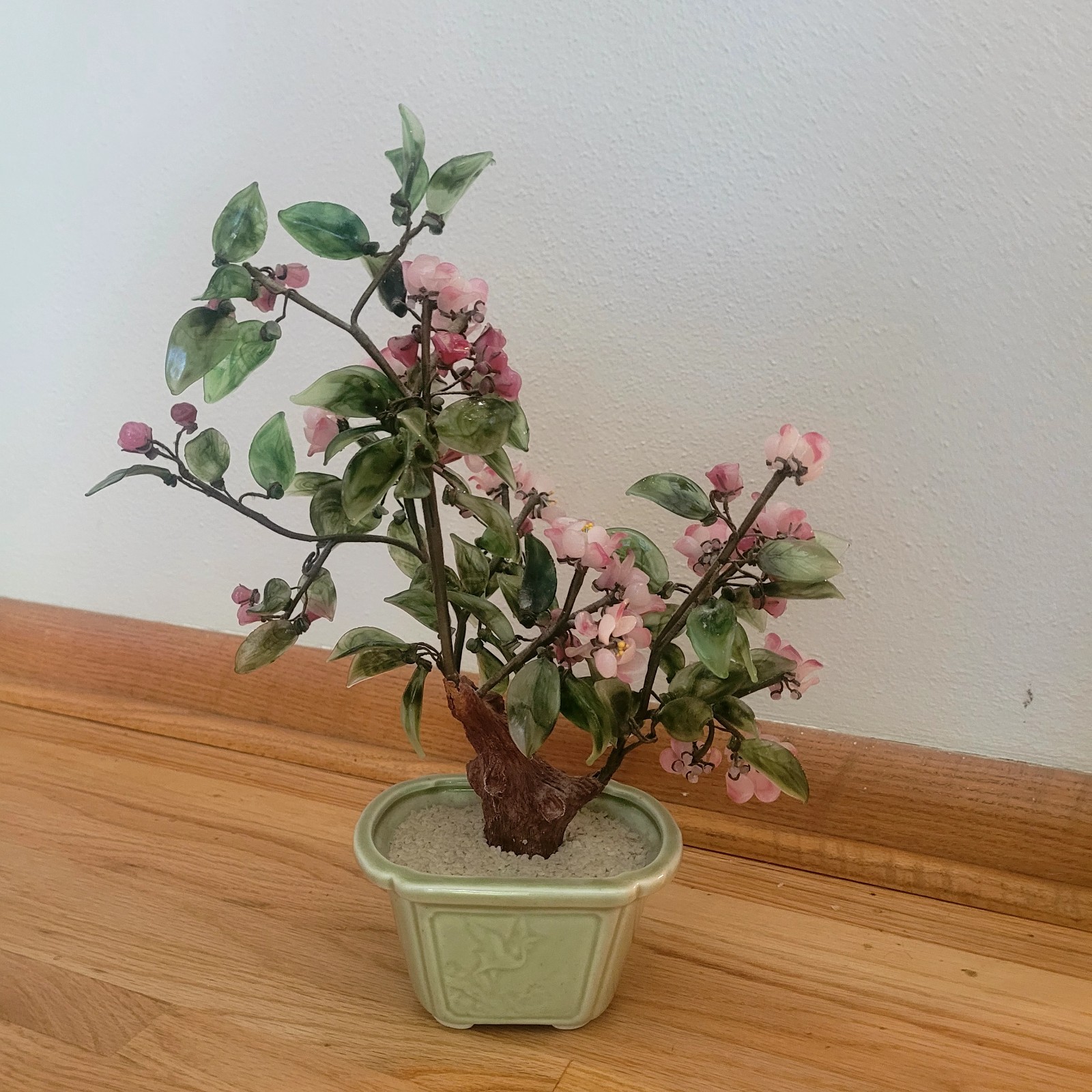 Vintage Chinese Glass Stone Jade Cherry Blossom Bonsai Tree Pink Flowers 14″