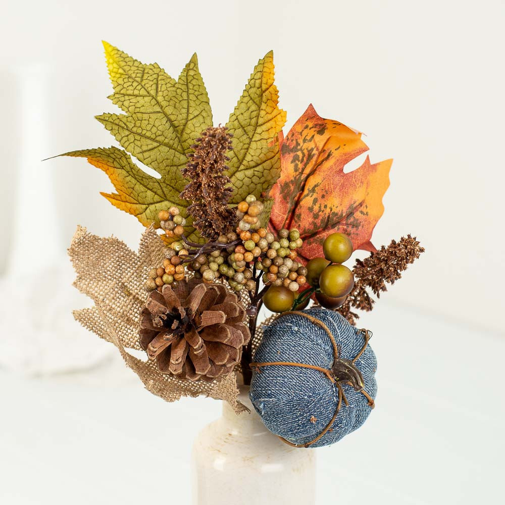 Lot of 2 Fall Artificial Burlap Leaf and Denim Pumpkin 13″ Decorative Picks