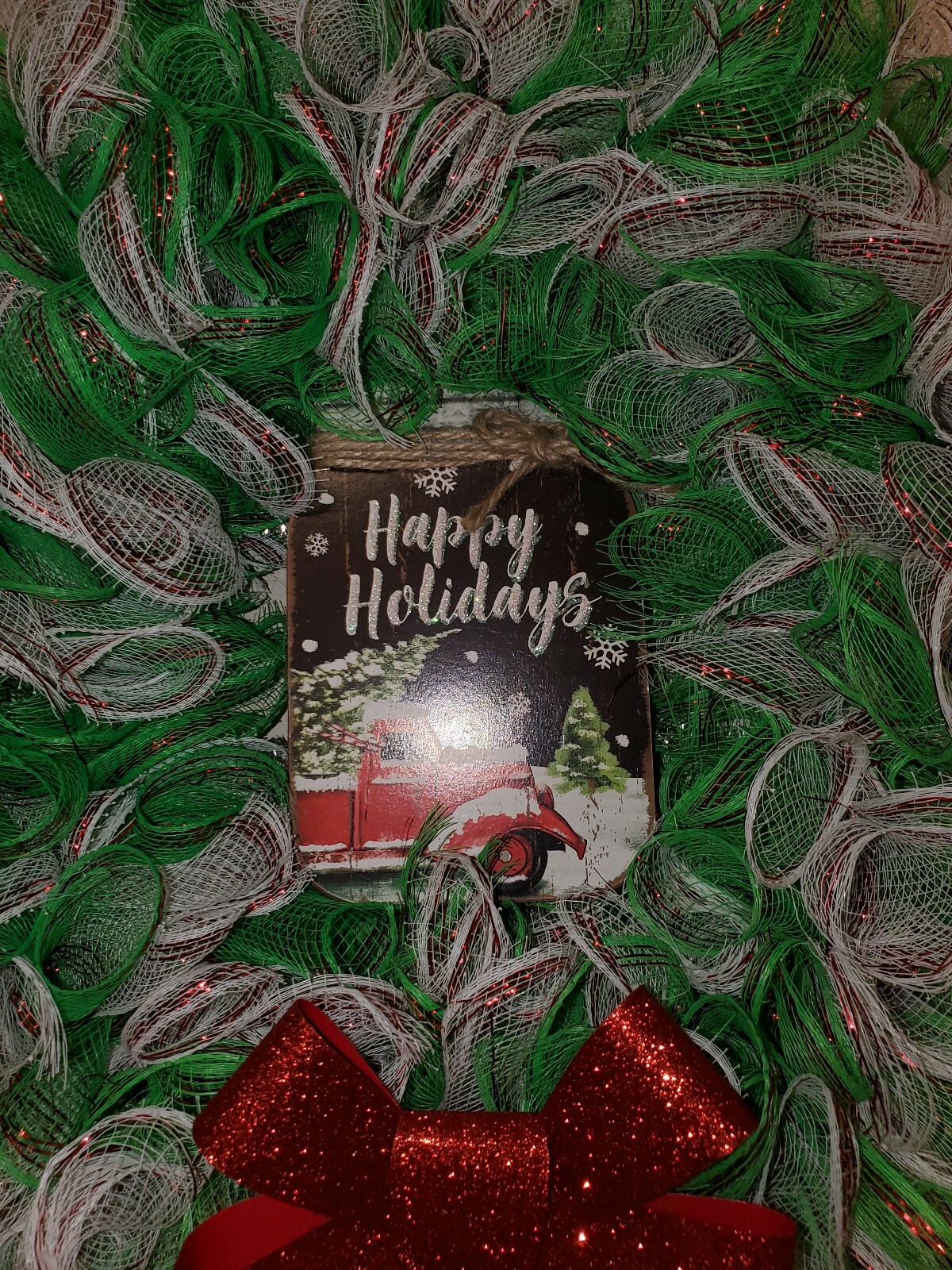 HAPPY HOLIDAYS green white Deco Mesh Front Door Wreath Wall Decoration CHRISTMAS
