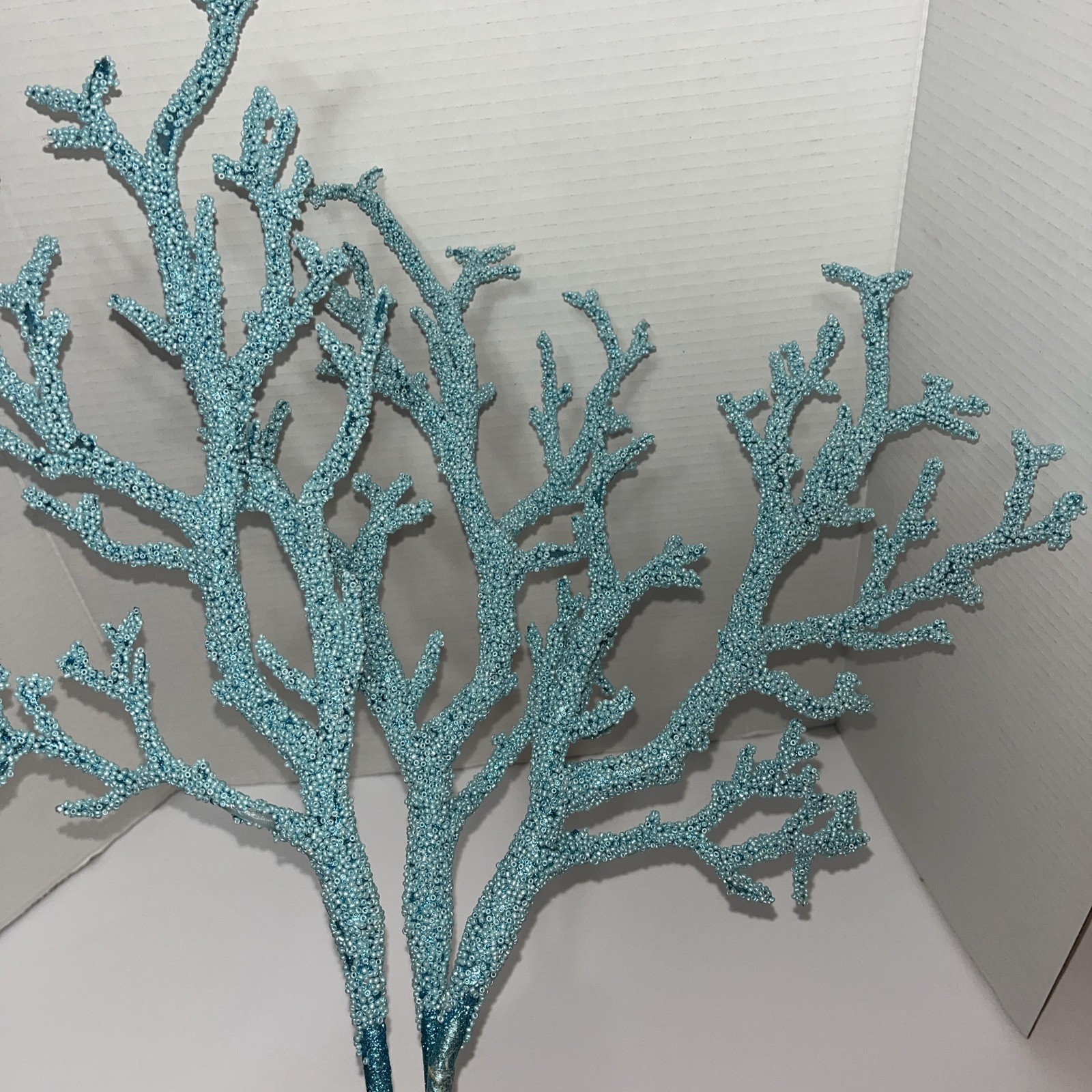 Lot Of 3 Glittered Beaded Twig Branch Spray Blue Coral Nautical Branch Florals