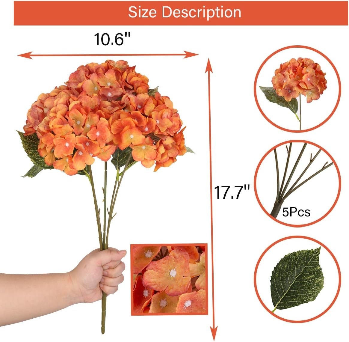 Classic European Style Hydrangea Bouquet – 5 Large Silk Flowers for Decoration