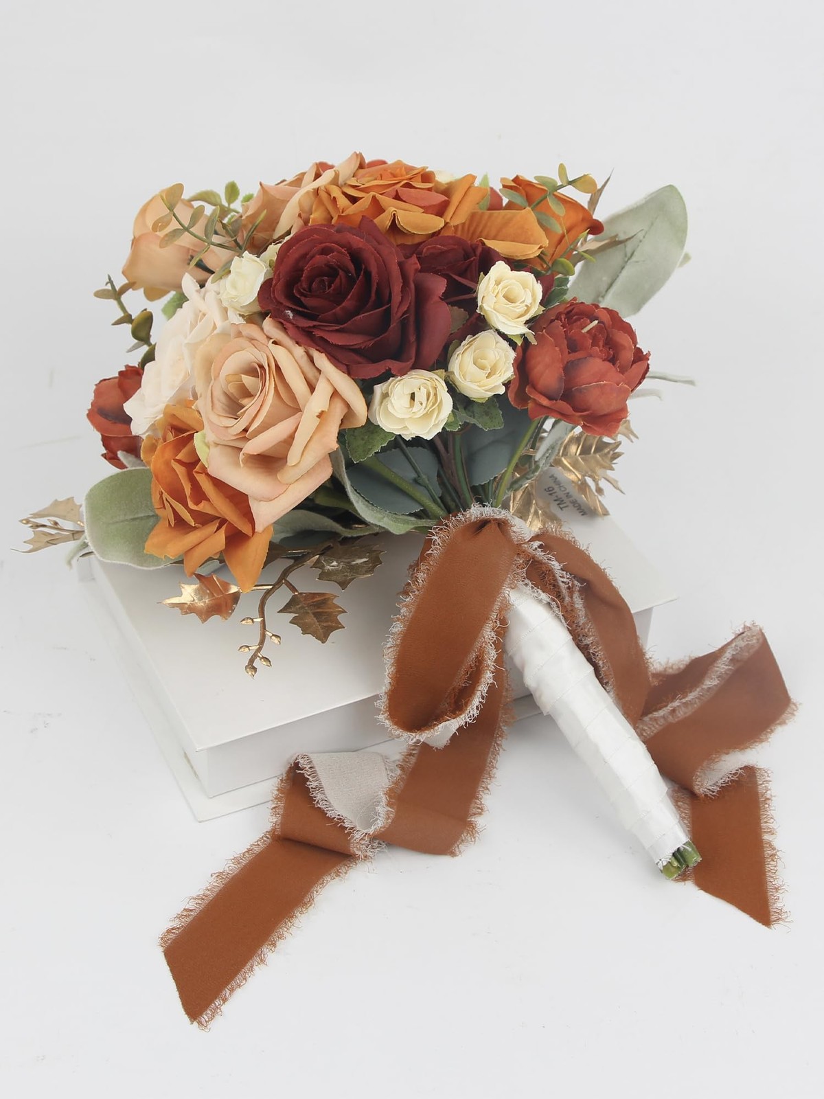 Rinlong 9″ Wide Burnt Orange Wedding Bouquet for Bride, Rustic Terracotta Art…