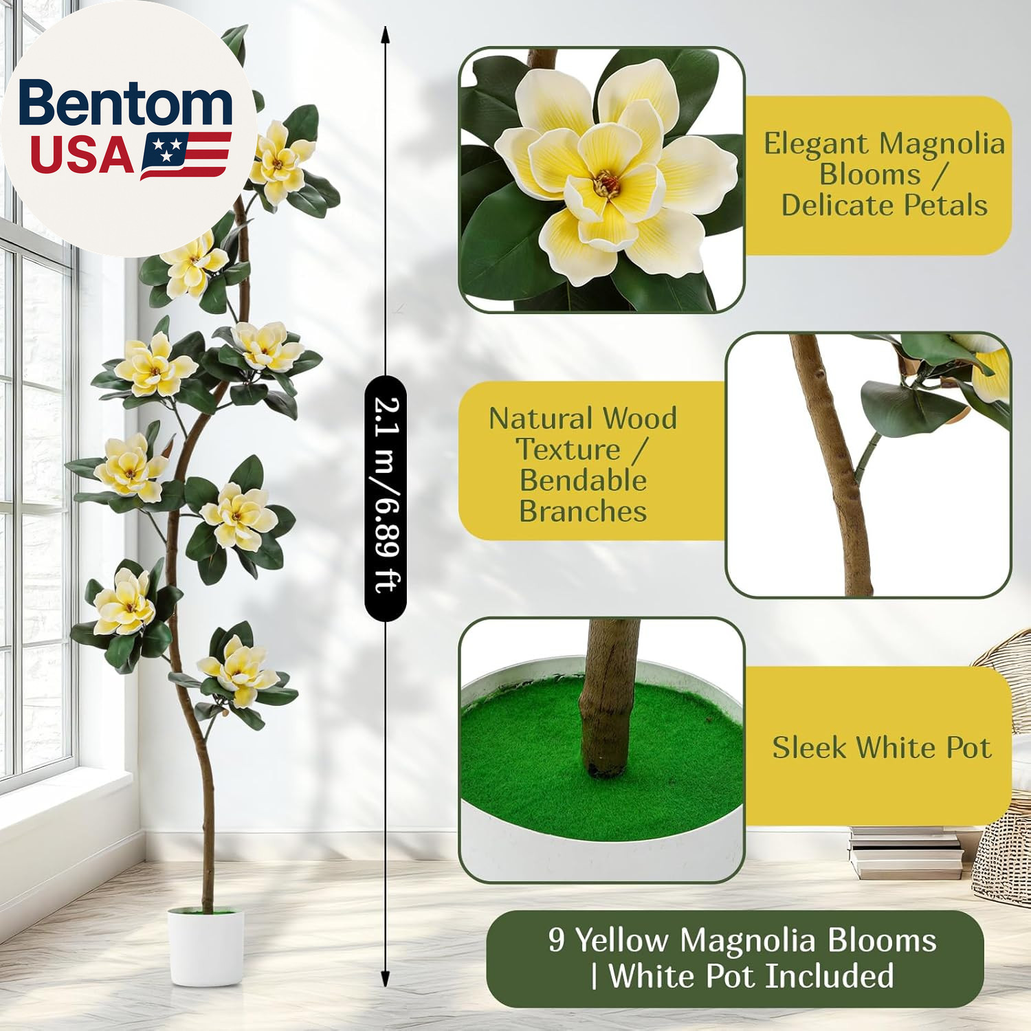 7 Ft Artificial Rubber Tree with 9 Magnolia Flowers in Pot Extra Tall Faux Magno