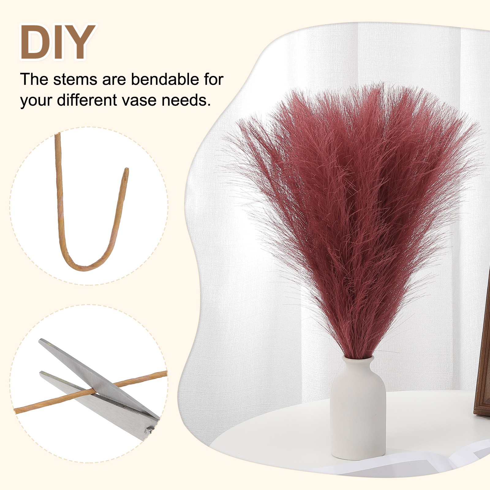 17.7in Pampas Grass Decor, 50pcs Artificial Pampas Grass Bulk, Dark Red
