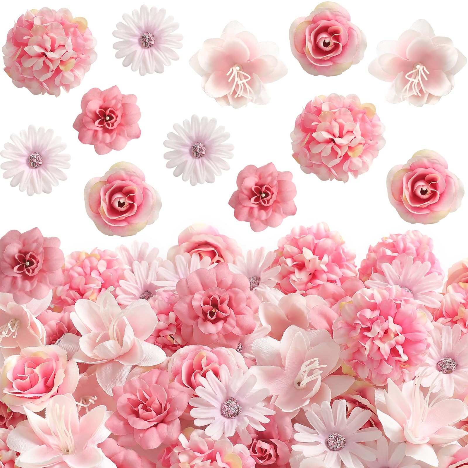 6 PCS Pink Artificial Silk Flower Heads Bulk Roses Daisy Wedding Cake Decor