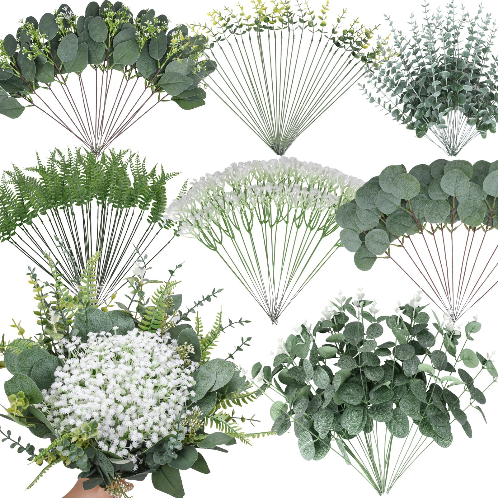 150 Pcs 7 Kinds Mixed Artificial Eucalyptus Leaves Stems Bulk, Fake Greenery …