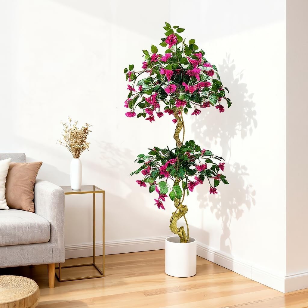 5FT Artificial Bougainvillea Tree in White Pot Fake Pink Flower Decor Faux Plant