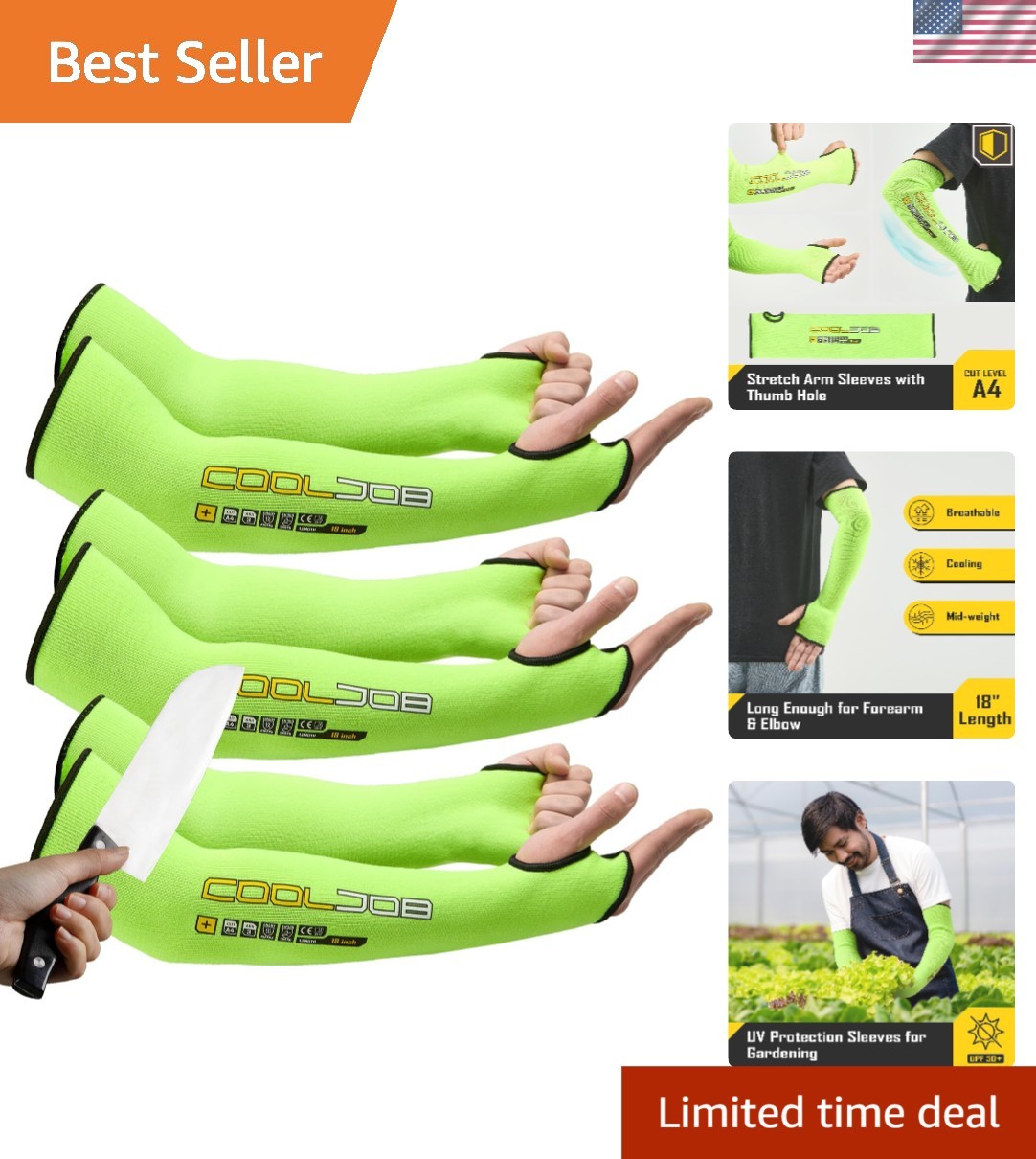 3 Pairs 14/18in A4 Cut Resistant Sleeves with Thumb Hole, UV Sun Protection A…