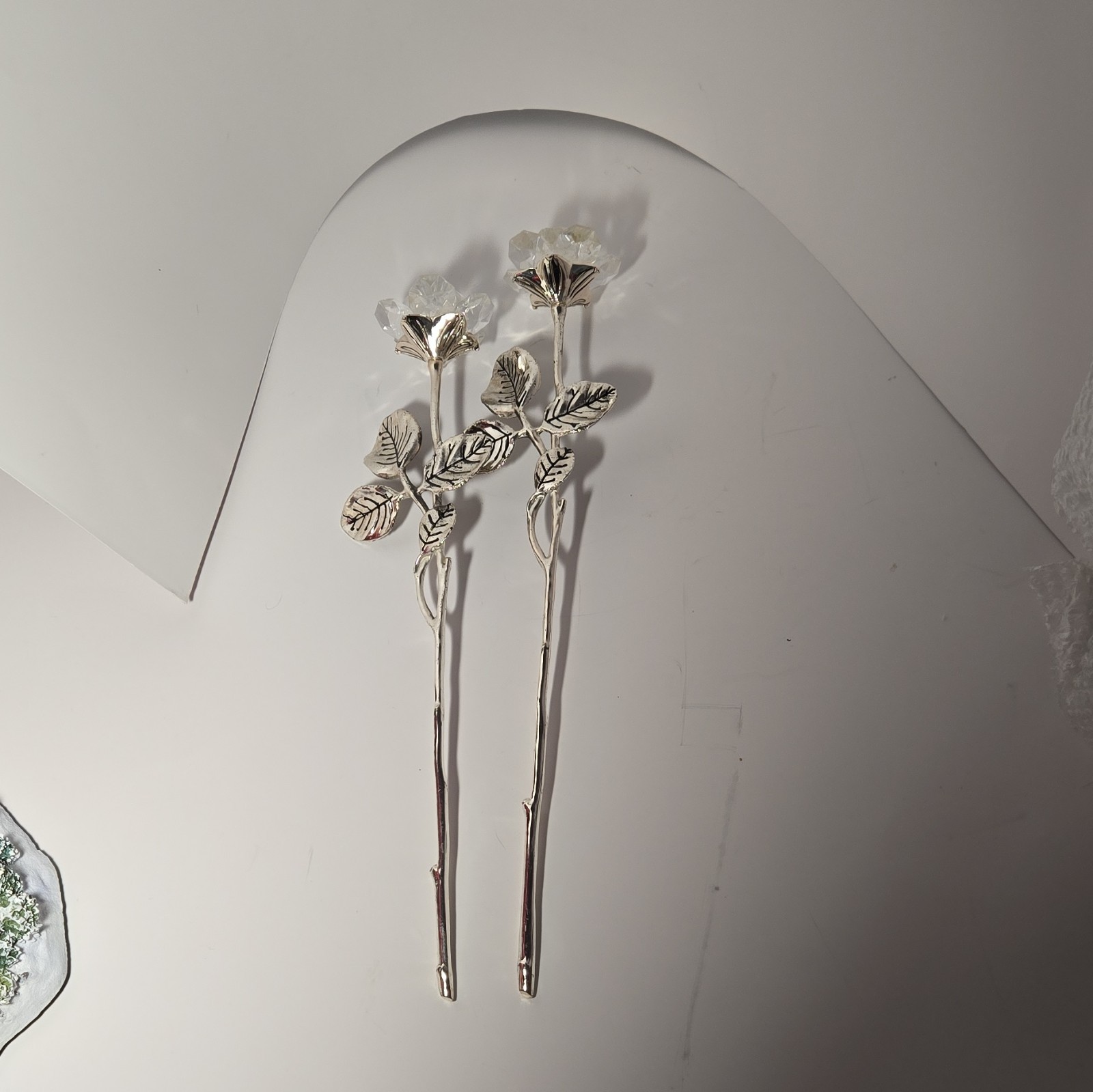 2 Artificial Crystal Flower Heads on Silver Metal Stems, Clear Glass Picks