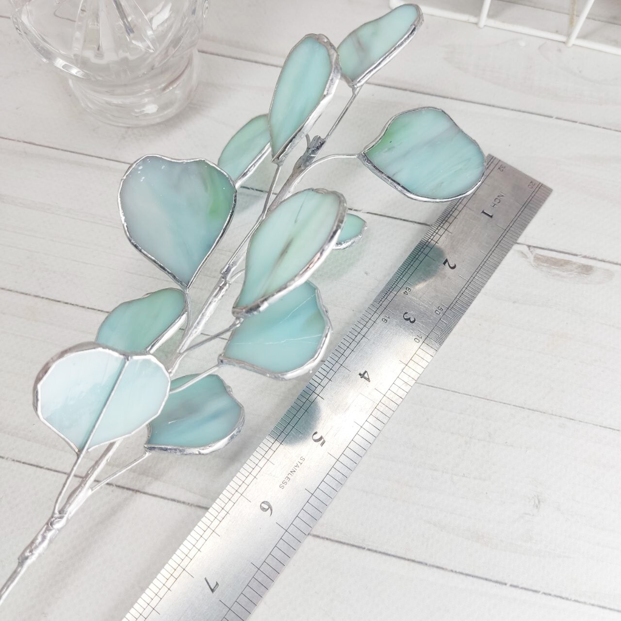 Stained glass eucalyptus branch, glass eucalyptus, plant stake for vase or garde