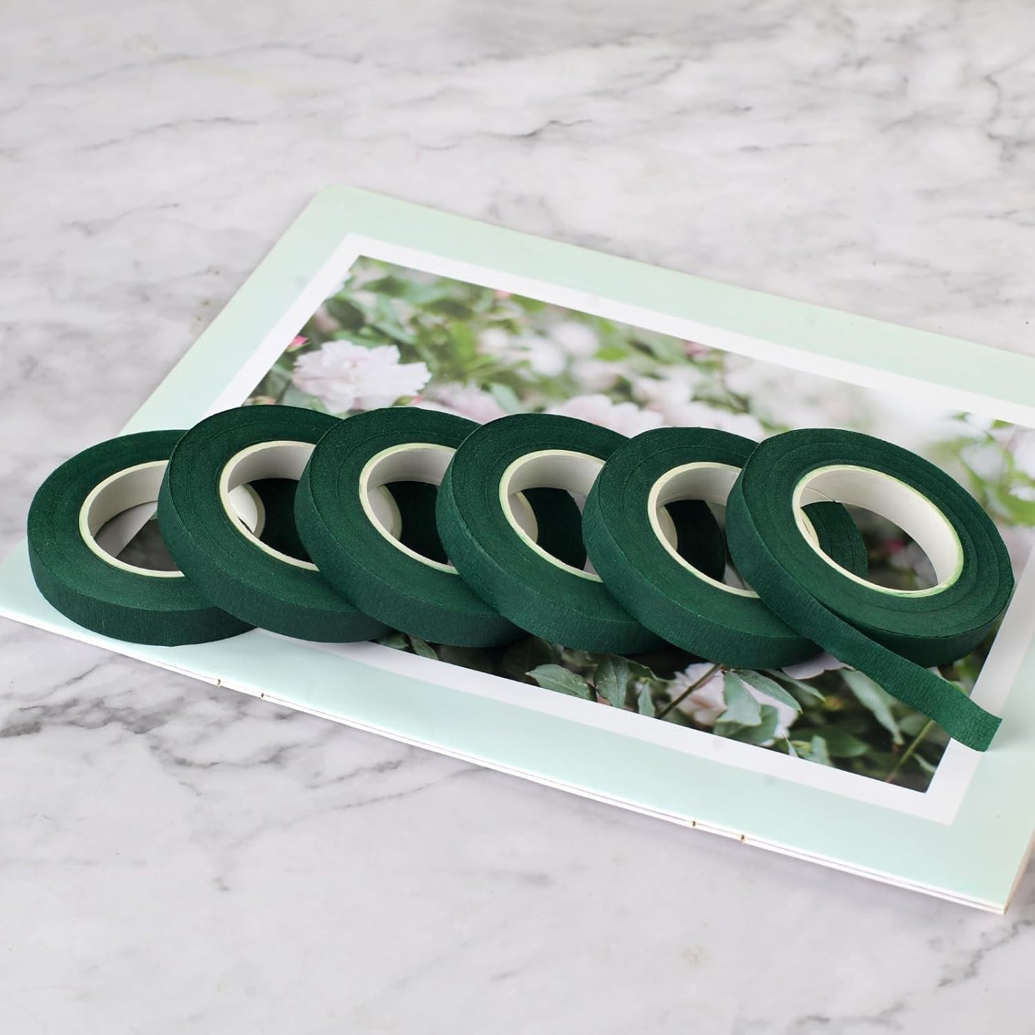 6 rollos de cinta floral de 1/2 pulgada, color verde oscuro para envolver tallos