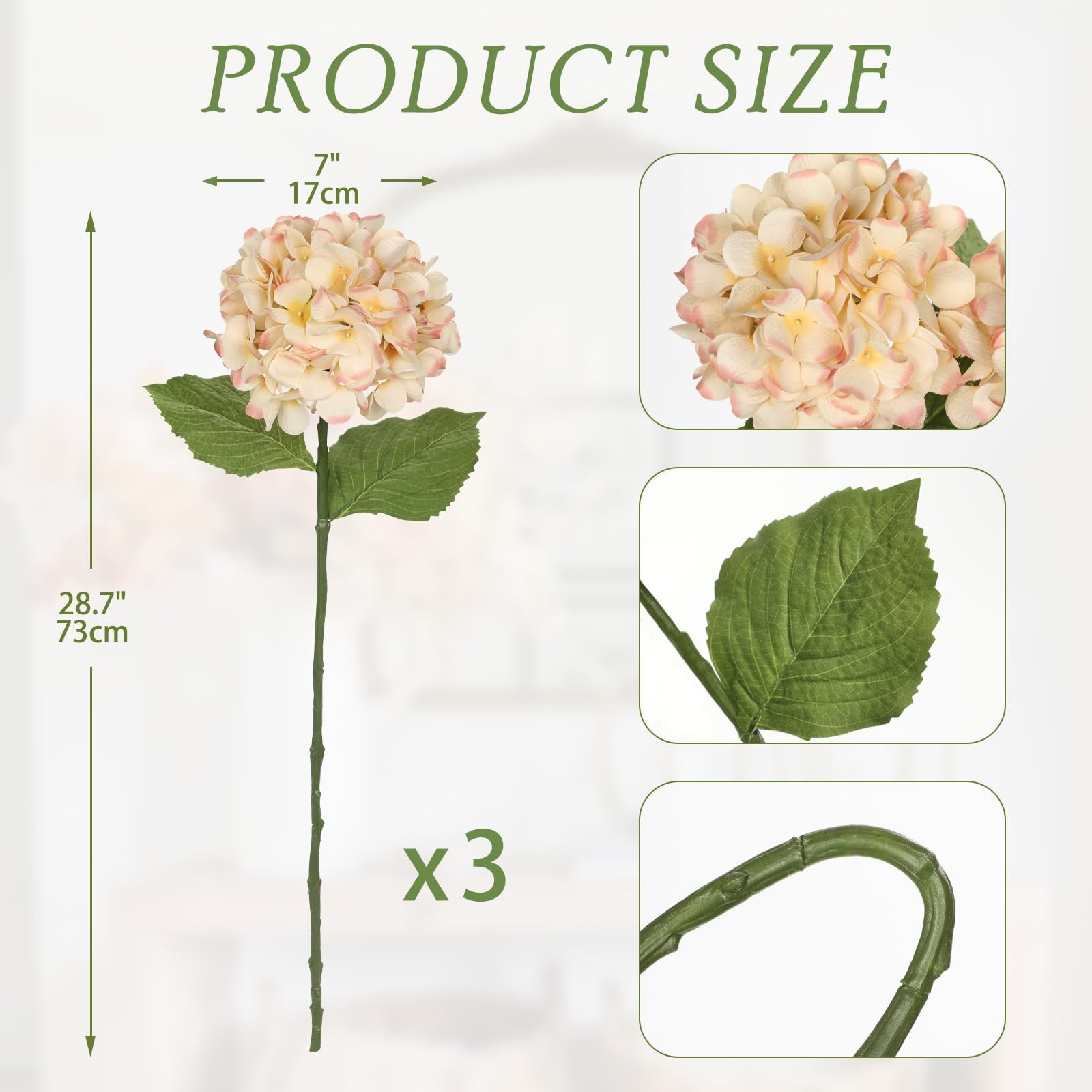 3Pcs Beige Hydrangea Artificial Flowers 28.7″ Real Touch Large Faux Silk Hydr…