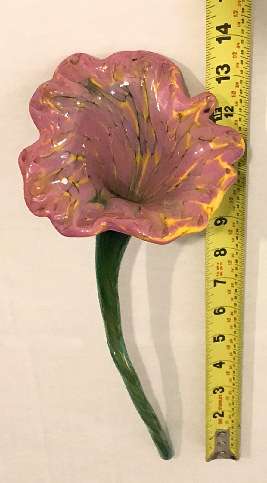 Murano Style Hand Blown 13 3/4″ Mauve/Pink Angel’s Trumpet Art Glass Flower