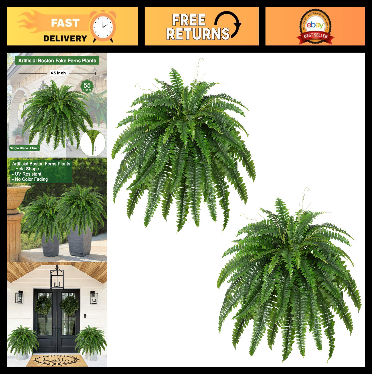 Large Artificial Boston Fern Bush Set of 2 – 45″ Faux Ferns for Home & Garden De