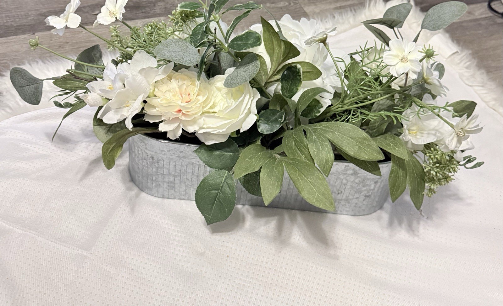 Hobby Lobby Artificial Peony Arrangement White Green Silk in Metal Container