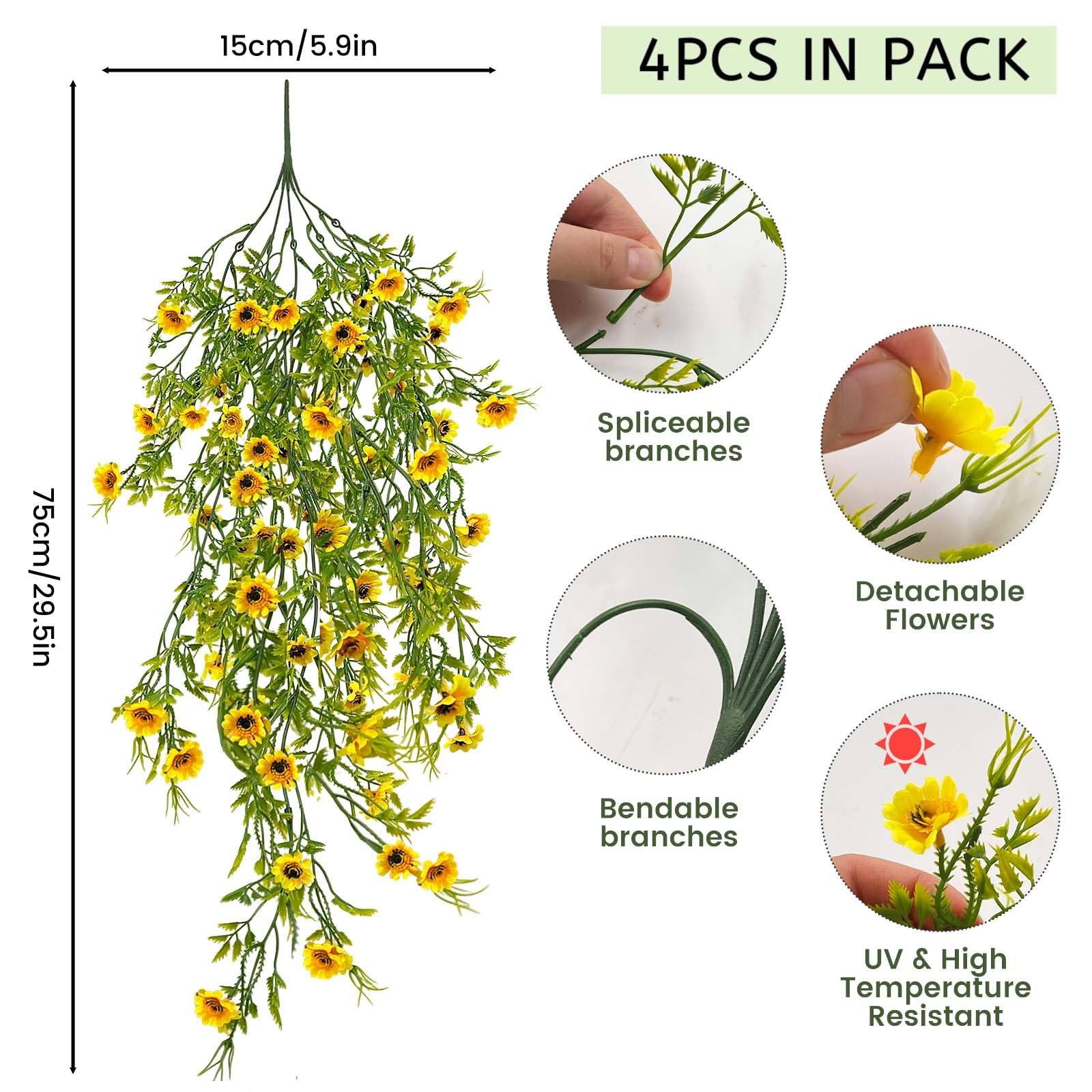 Artificial Hanging Flowers Plants for Outdoor,4Pack Bright Yellow Outdoor Dai…