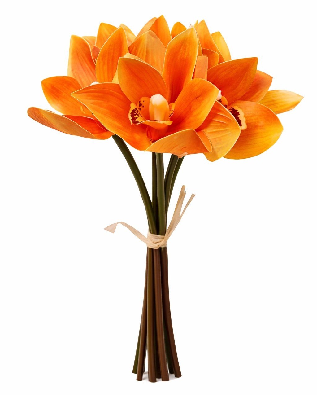 Artificial Orange Orchid Bouquet Real Touch Cymbidium Flowers 6 Stem Bundle