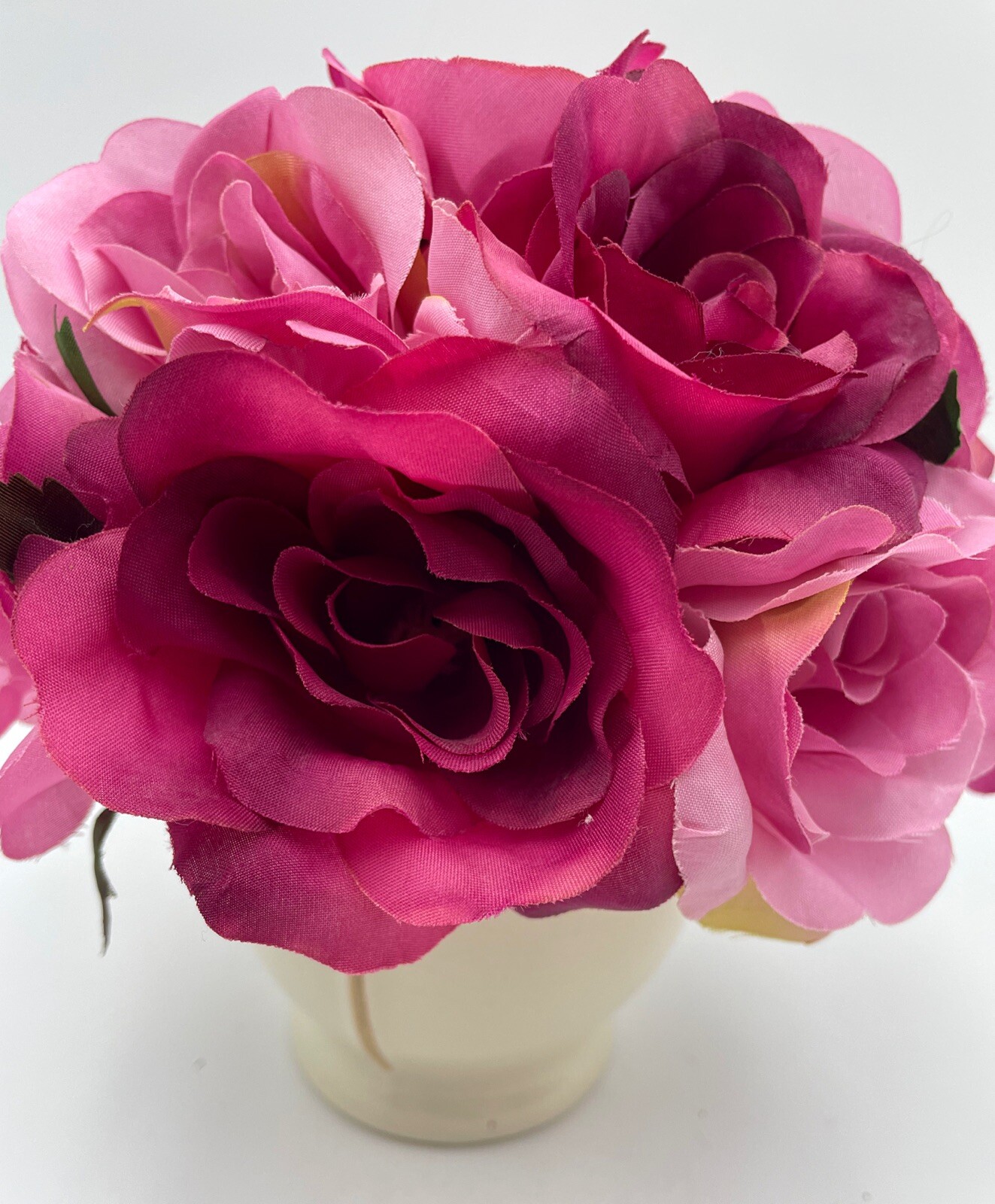 7″ Small Artificial PINK BOUQUET Faux Silk Open Roses w/Beige/Tan Ceramic Vase