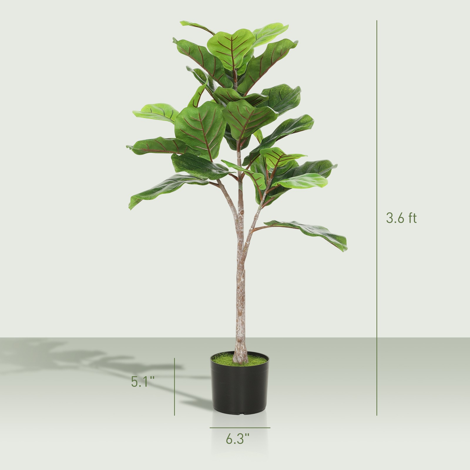 HOMCOM Artificial Fiddle Leaf Fig Tree, Fake Plant with Flocked Soil, Green
