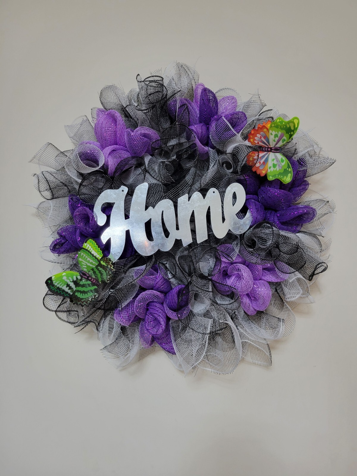 HOME black purple white Spring Summer Fall Wreath bunny Mesh Front Door Decor