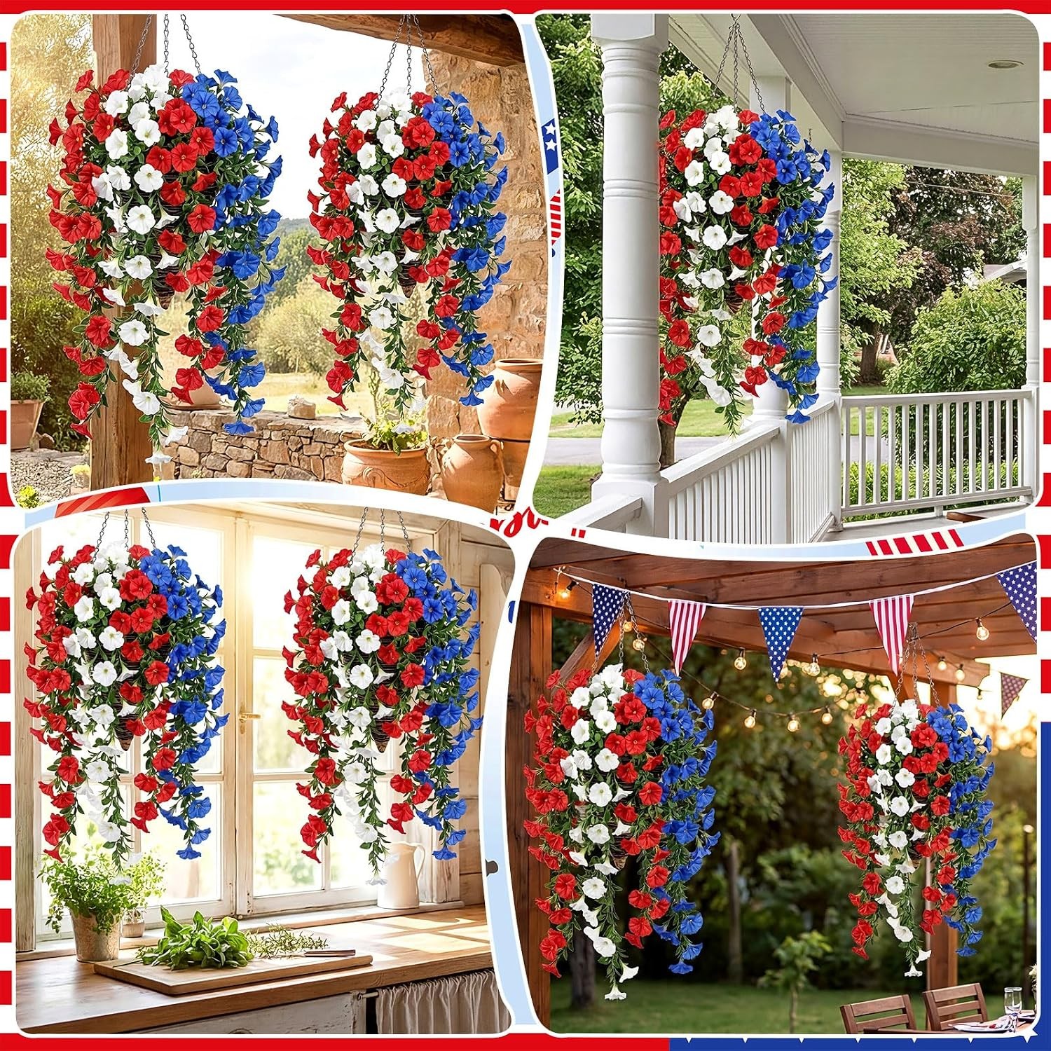 12 Pcs Red White Blue Artificial Hanging Flowers Outdoor with 2 Baskets 250th