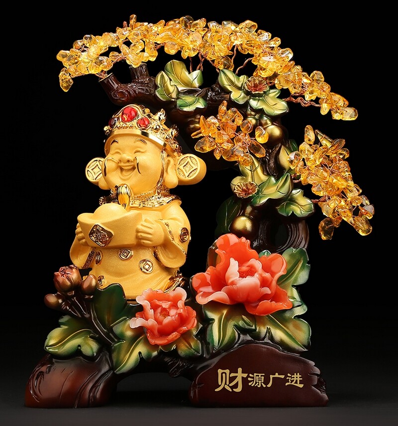 9″ Yellow Crystal Chinese Money Tree Wealth God Bonsai Statue Feng Shui Decor