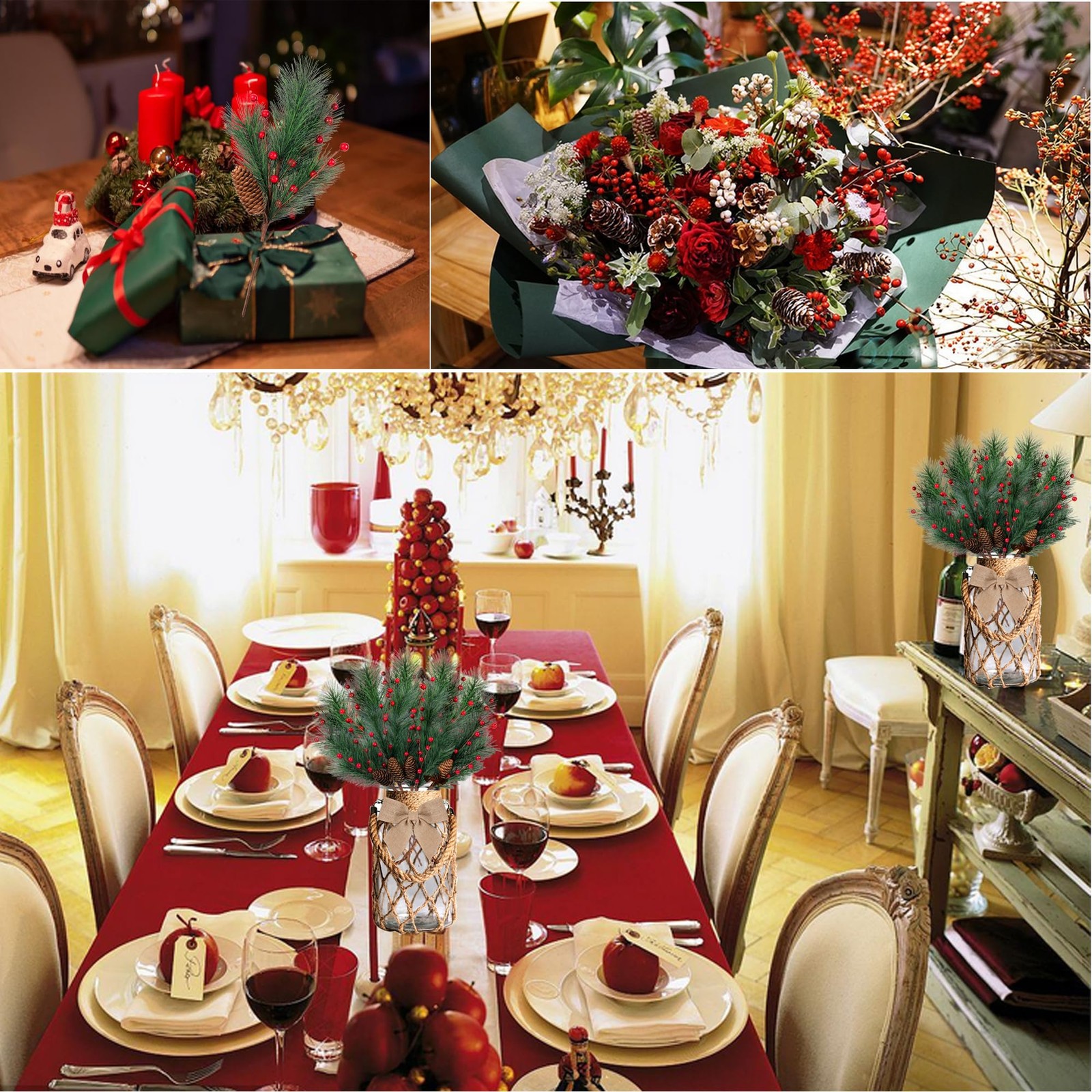 5 Pcs Artificial Christmas Berries Pine Picks Berry Pine Branches with Bow fo…