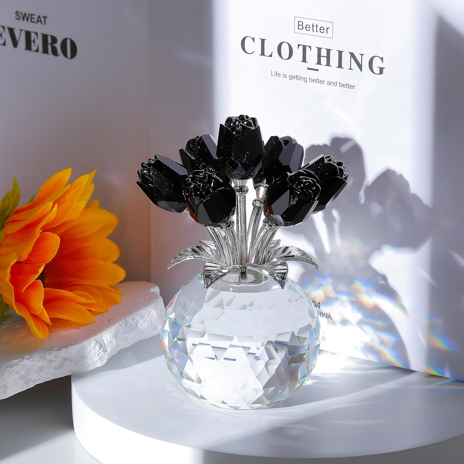 Black Rose Flower Crystal Figurine with Vase, Bouquet Flowers Gifts for Wife Gir