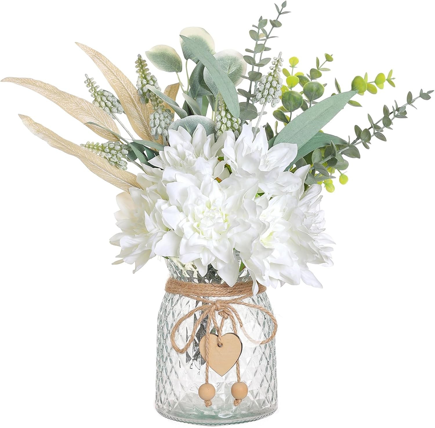 Beautiful Faux Dahlia and Eucalyptus Flowers in Vase – 14.5