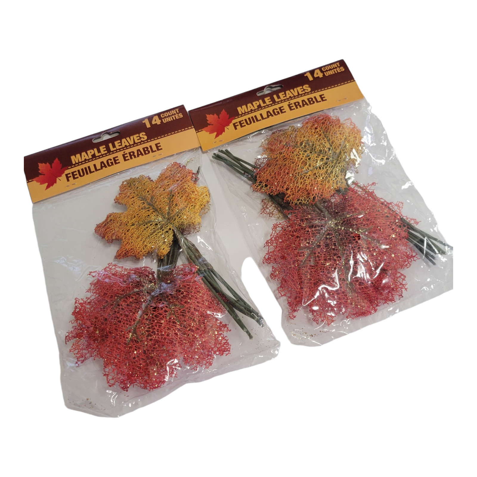 Lot of 2 Autumn Mesh Maple Leaves Wire Stems Glitter Golds Yellows 14 Each Bag