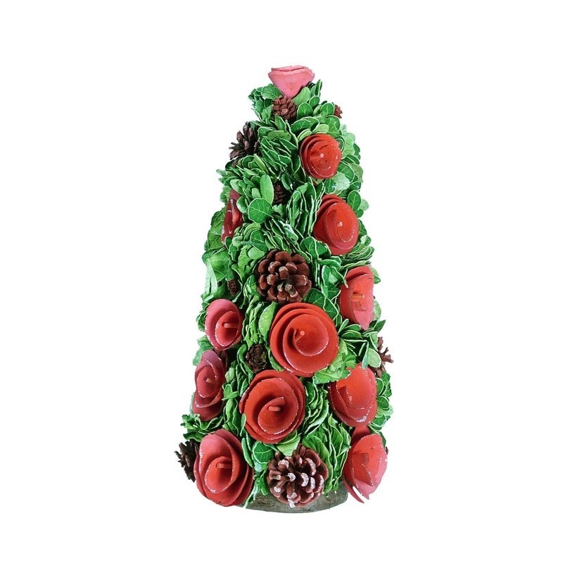 Flower Cone Tree Decor Red Green Roses Pine Cones Indoor Christmas Decoration US