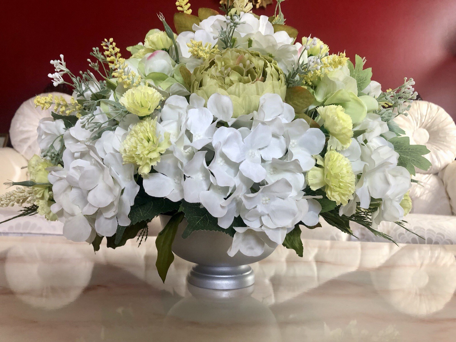 Green Spring Floral Arrangement Green And White Hydrangea And Peony Centerpiece