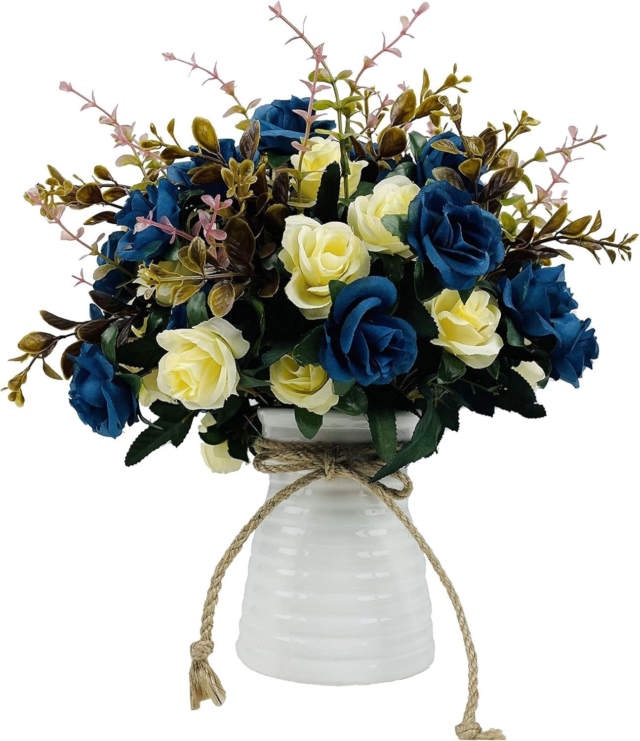 Pack of 5 Silk Rose Bouquets in Ceramic Vase – Perfect Dining Table Centerpiece