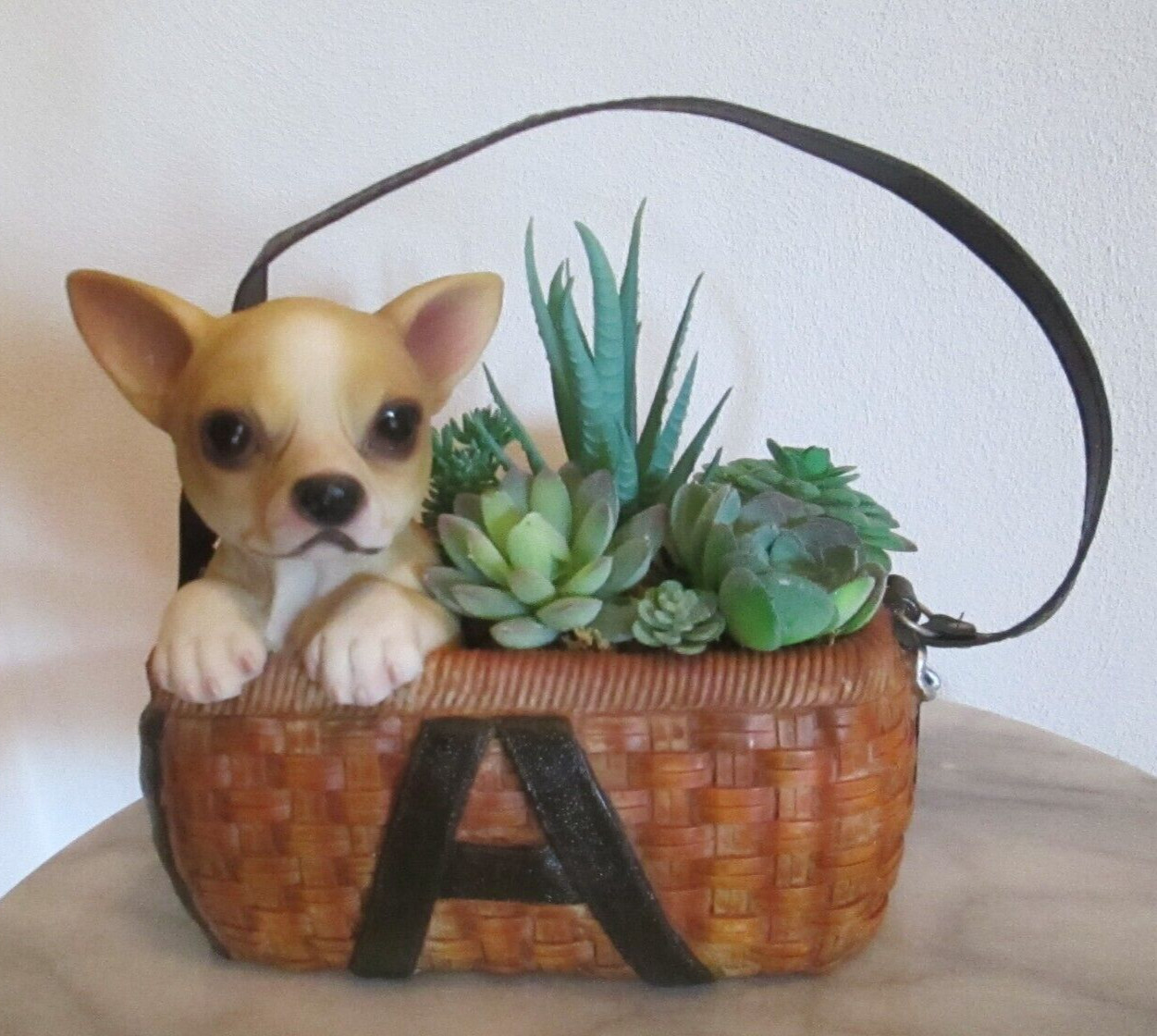 Chihuahua Dog Planter w Faux Succulents Ceramic Basket 7″ x 8″ room Decor