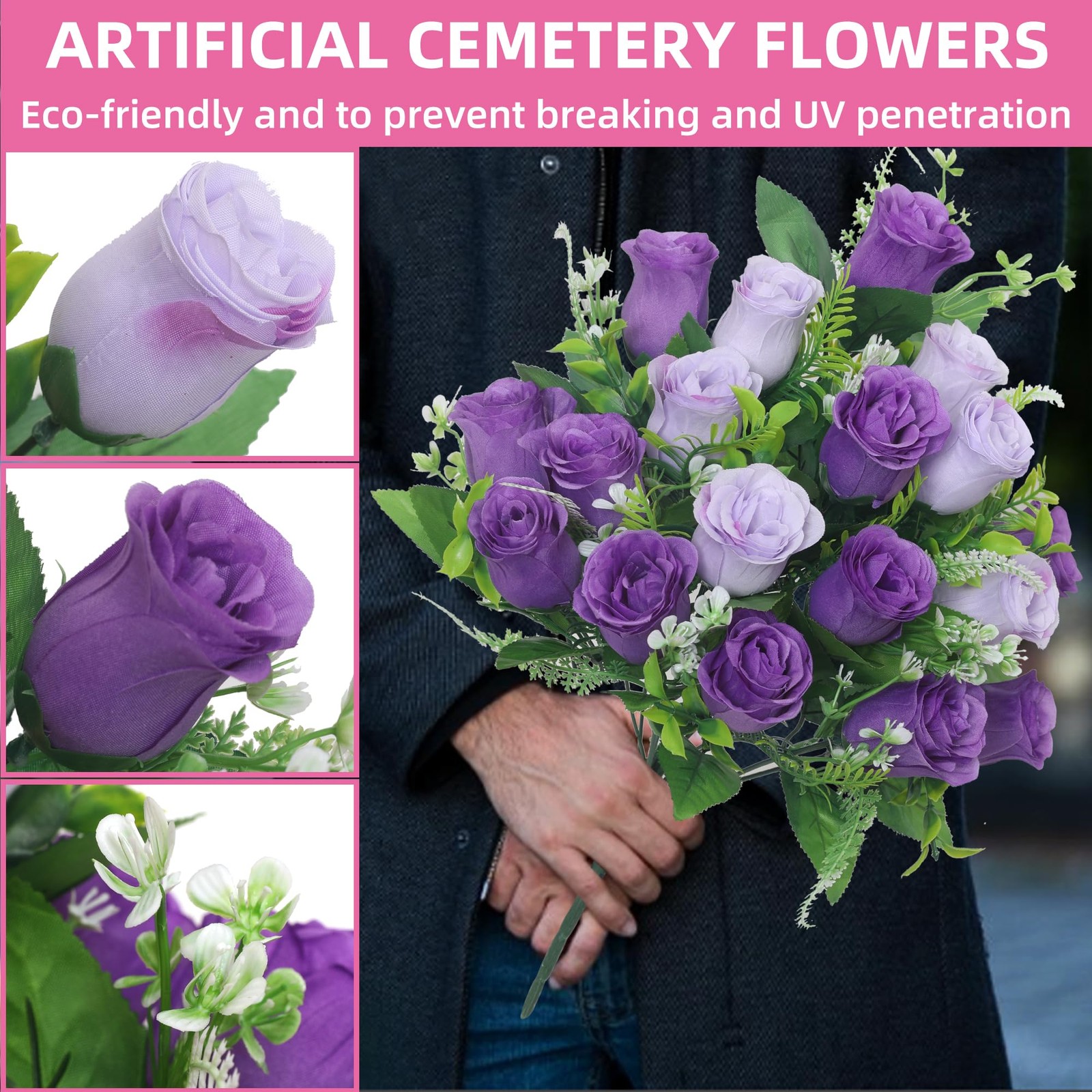 Set of 2 Artificial Cemetery Flowers, Grave Memorial Flowers with Vase, Outdo…