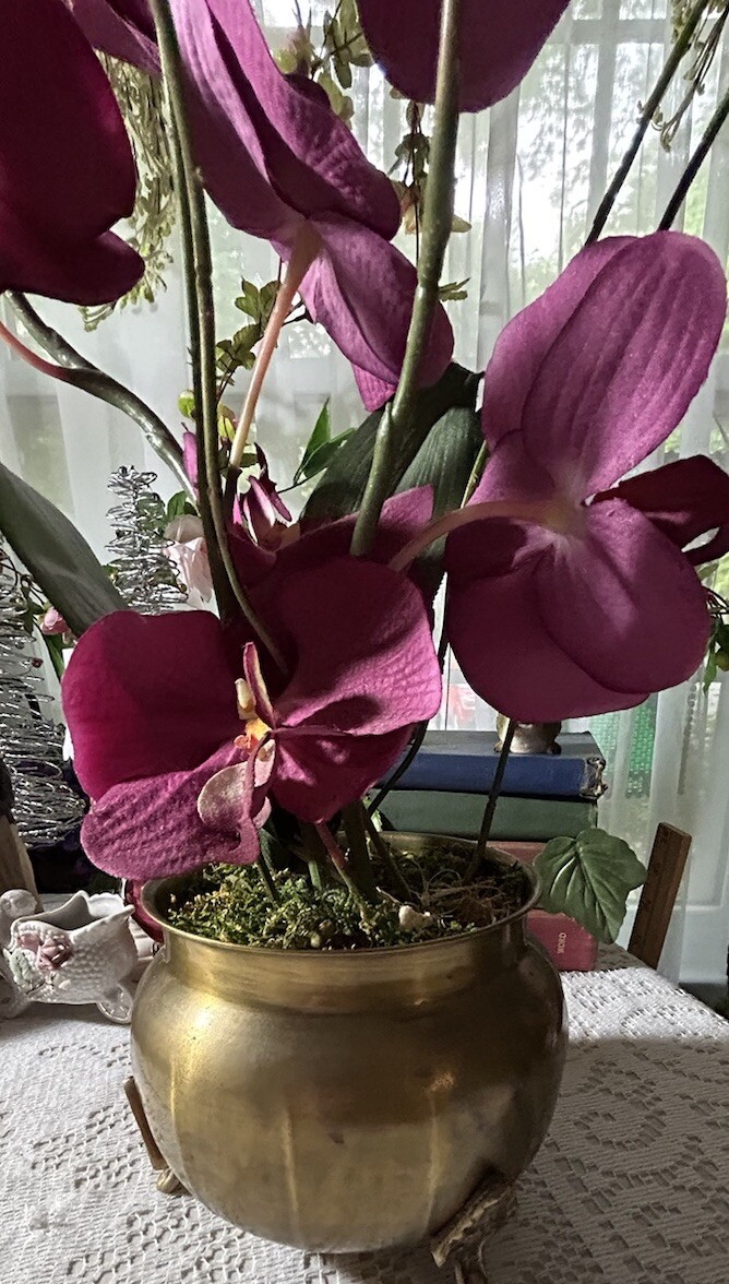 Artificial Orchids In Brass Urn With 3 Feet 20” Tall Darker Colors Due To Light