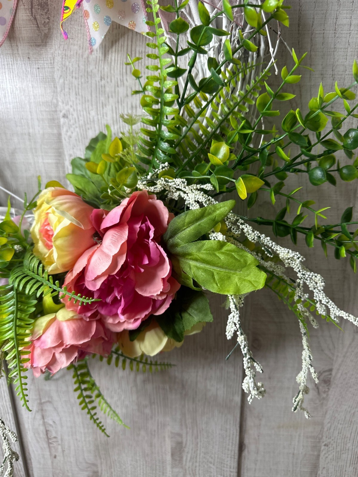 Handmade Floral Grapevine Rustic Wreath Pink Yellow Flowers Ferns w/ Ribbon Bow