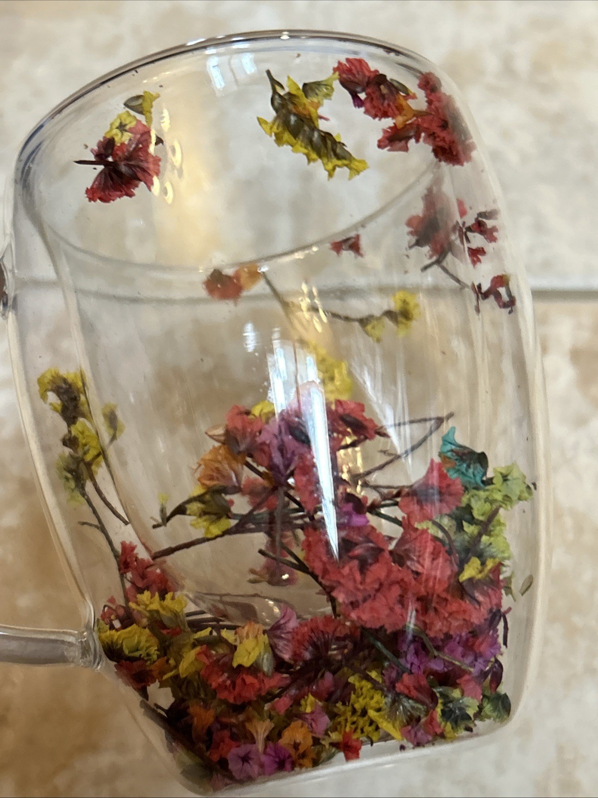Floral Fusion Plastic Mug Double Wall Clear Coffee Tea Cup Botanical Dry Flower