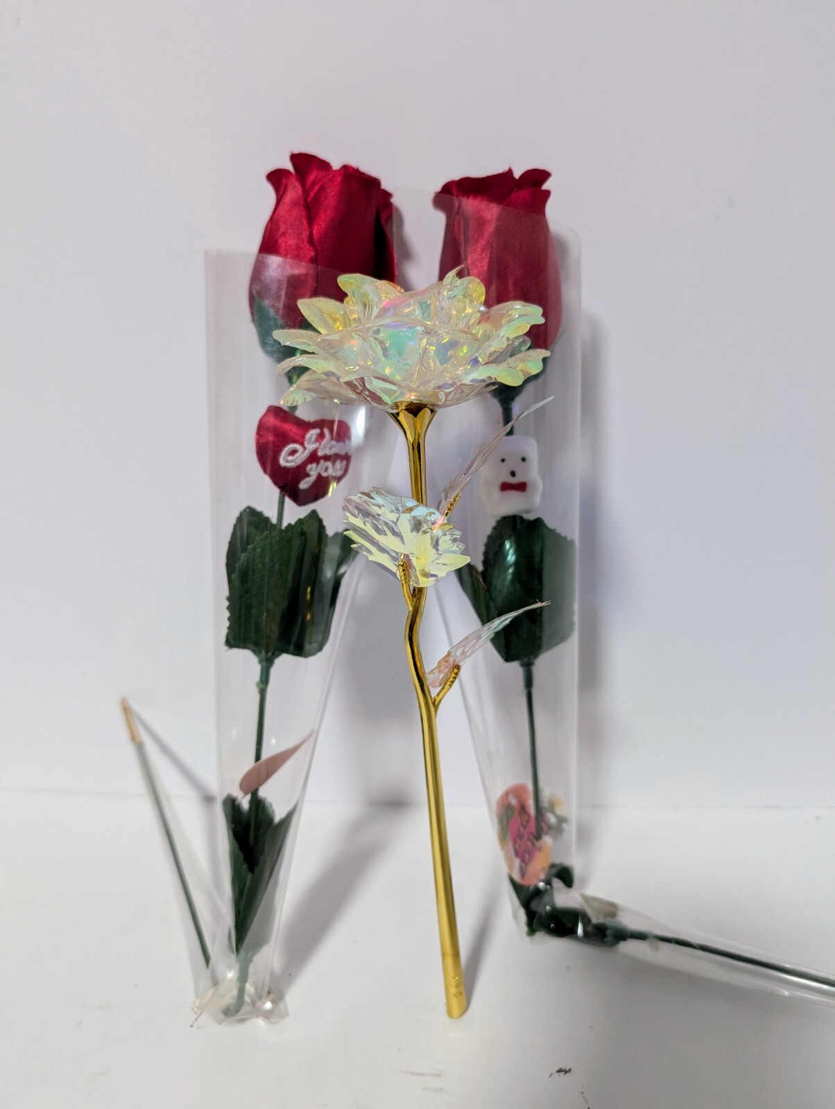 Roses Long Stem Lot of 3 Red Satin and Gold Plastic Stamped 24K Love Valentine’s
