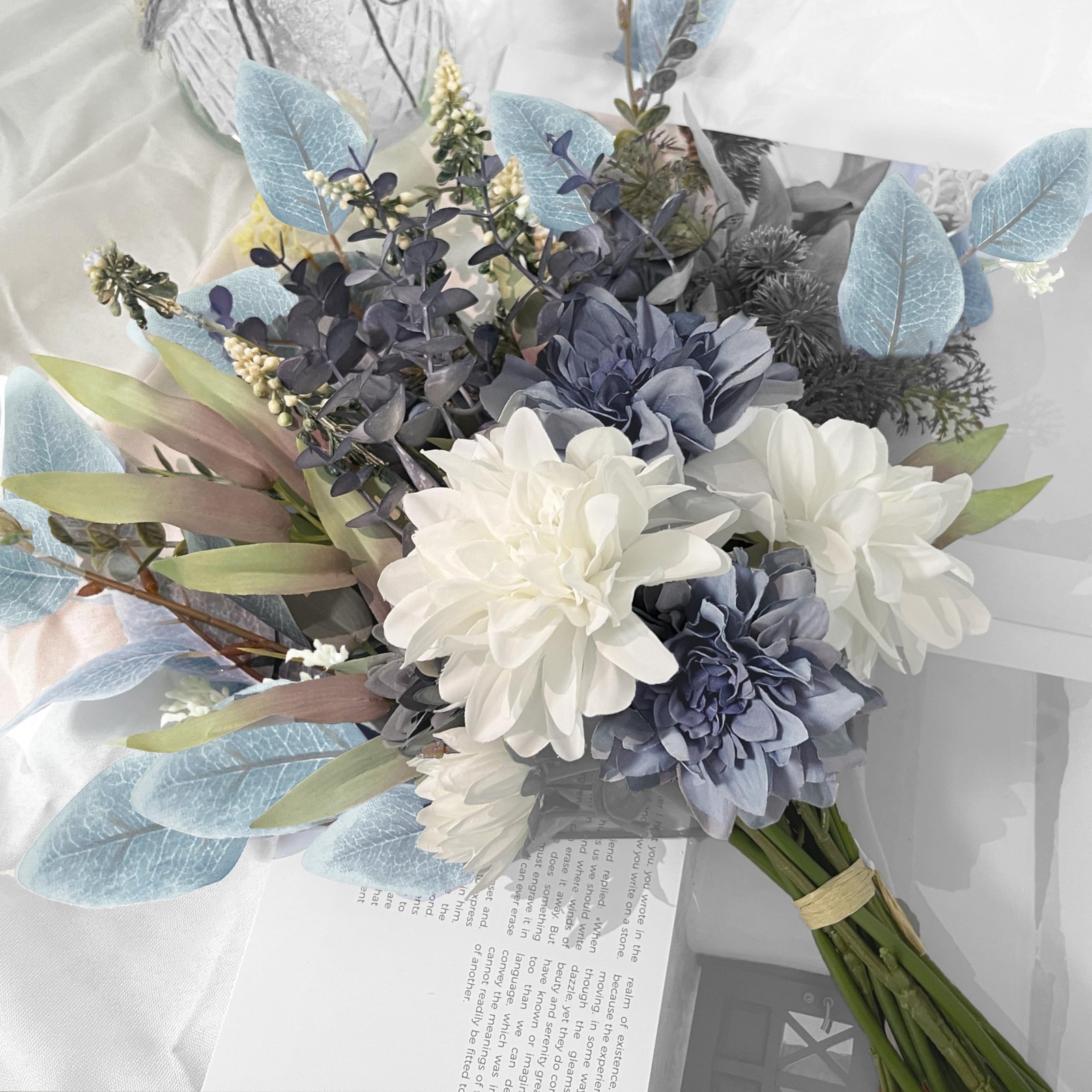 Artificial Flowers Bouquet, Silk Flowers Blue Fake Flower Arrangement Decor