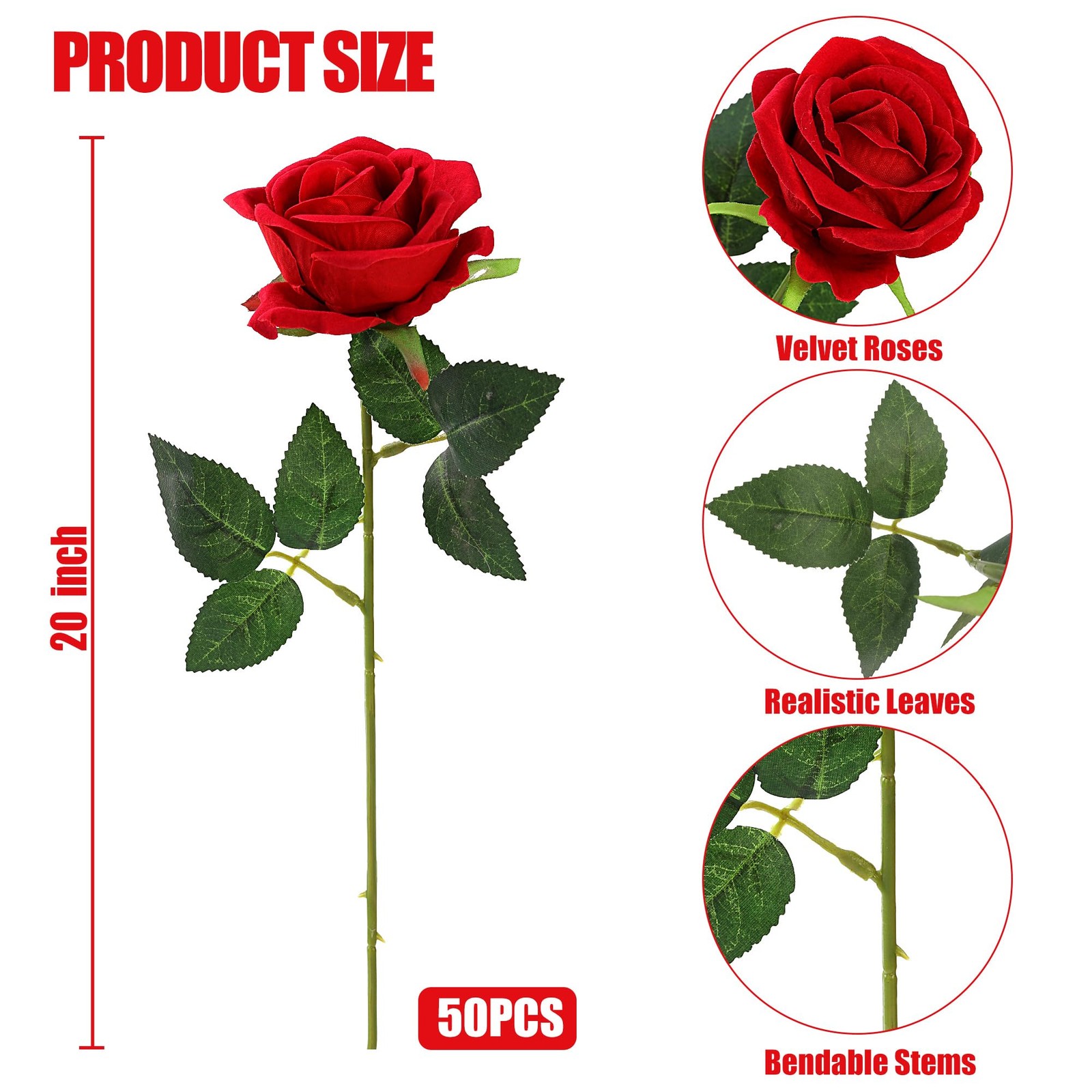 50 Pcs Artificial Roses Red Flowers Fake Velvet Silk Roses with Stems Bulk Reali