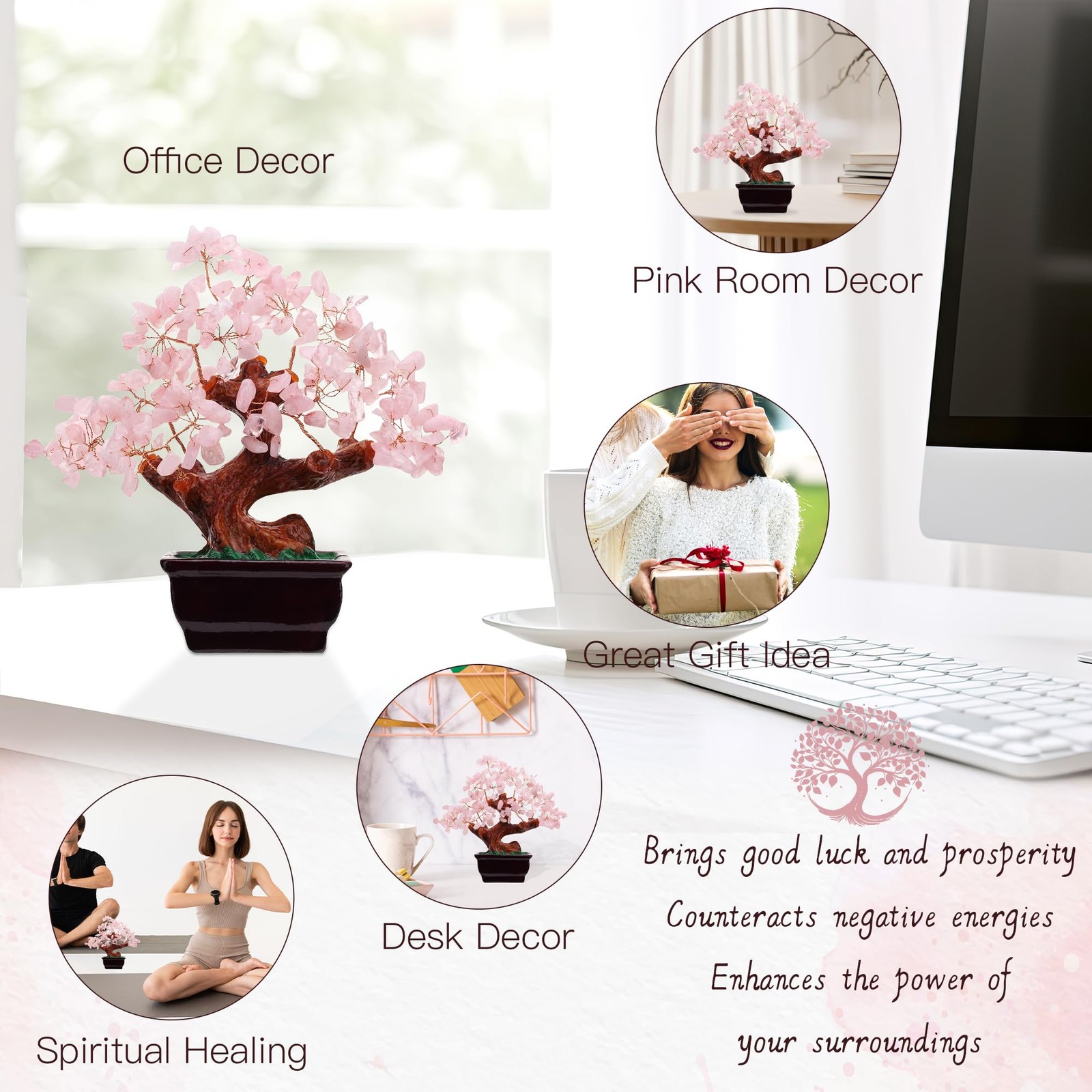 Feng Shui Natural Rose Pink Quartz Crystal Money Tree, Healing Crystal Trees …