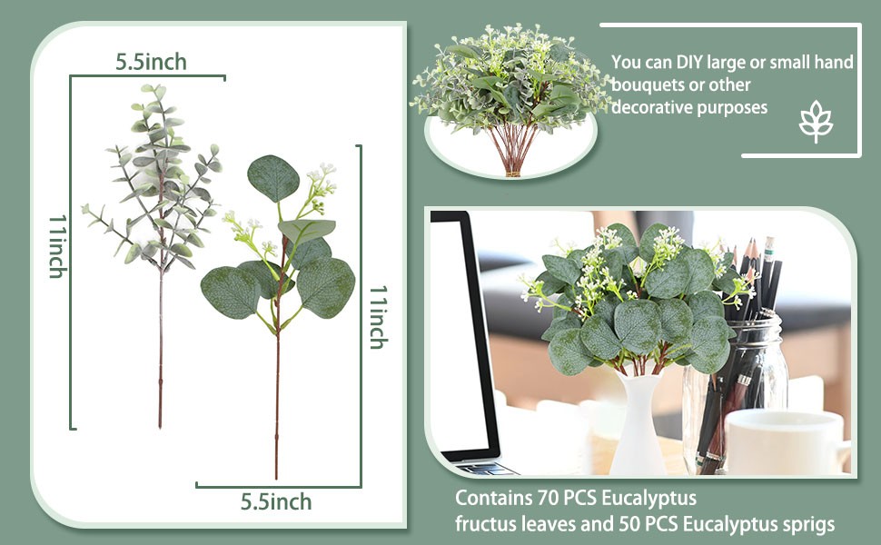 120 PCS Artificial Eucalyptus Stems Bulk Faux Silver Dollar Leaves for Vase