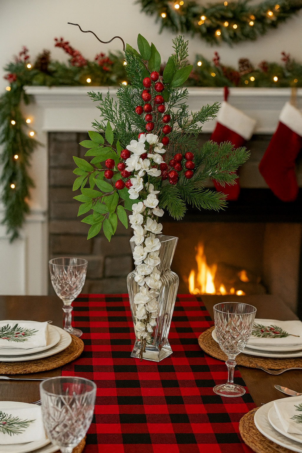 Nearly Natural 25″ Wisteria Iced Pine & Berries Arrangement in Vase (6-1)