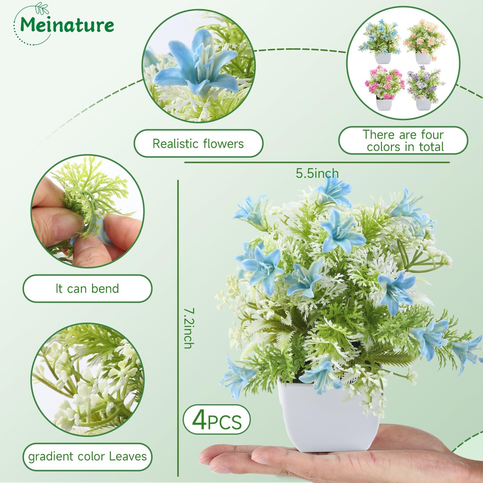 Mini Artificial Faux Plants Fake Plant with Flowers for Bathroom Office Home