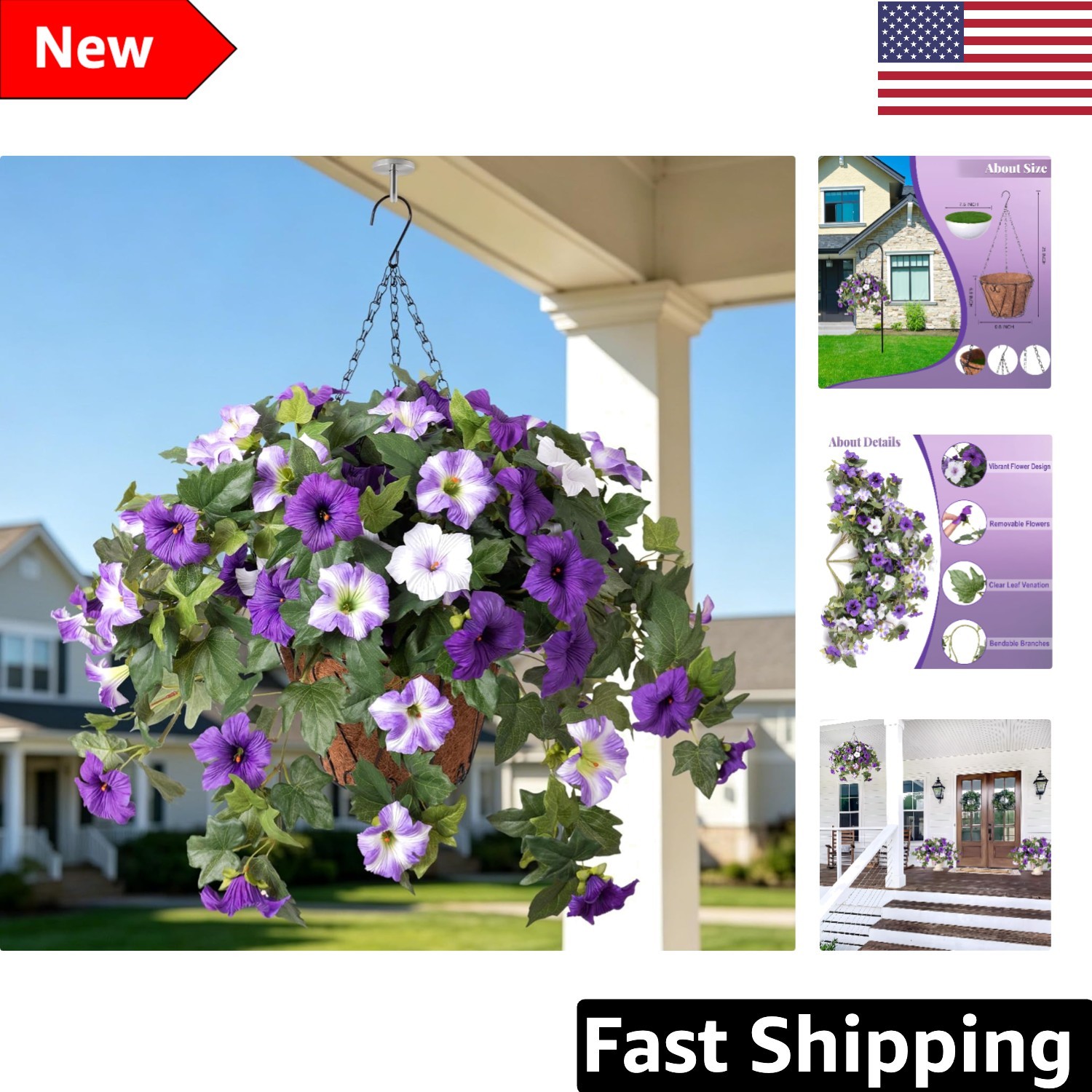 Lifelike Artificial Morning Glory Flowers with Coconut Fiber Basket – 3 Pcs Set